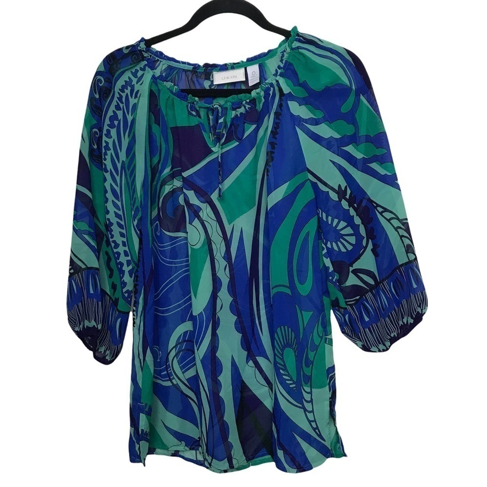 Chico's Green Blue Sheer 3/4 Sleeve Blouse Size Chico's 0 / Small